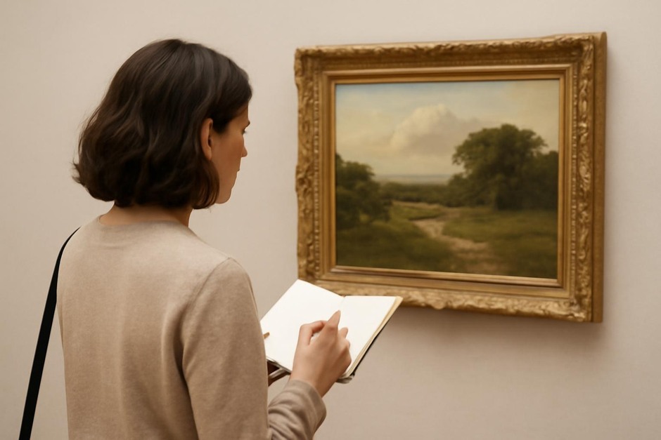 Visitor reading a painting slowly, sketchbook open