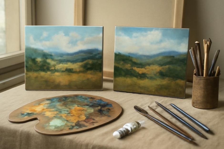 Studio workspace with palette knives, brushes, and two small oil studies — one wet and blended, one with visible glazes