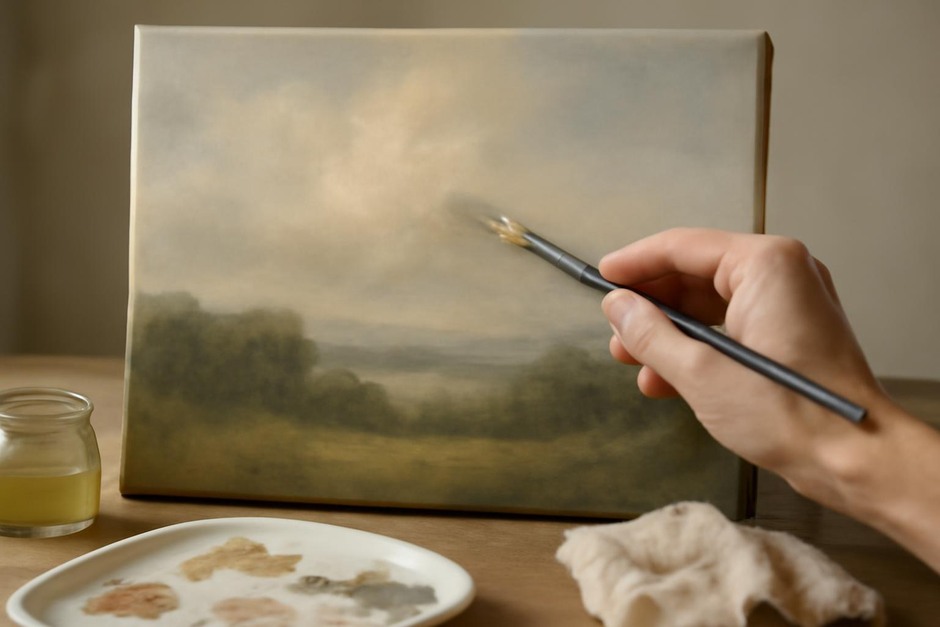 Close-up of an oil painting showing soft transitions and lifted passages