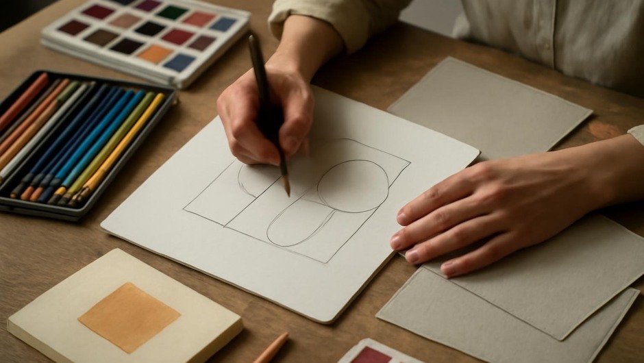 Bright studio image with paint textures, paper layers, and geometric color blocks.