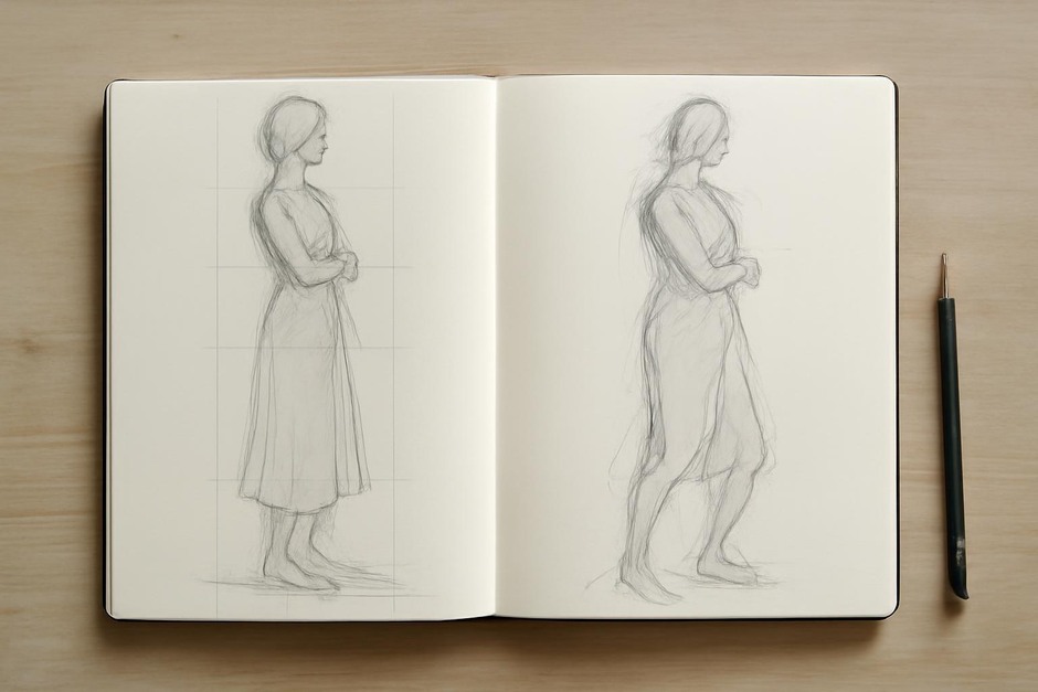 Two sketchbook pages, one with precise measured study, one with loose gesture marks